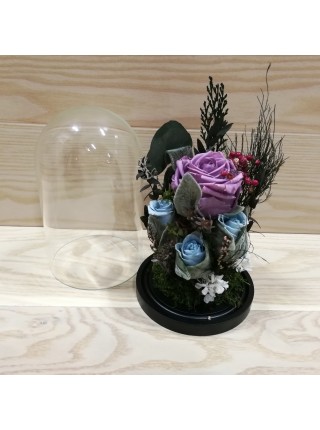 Композиция в стеклянной колбе Люкс мини с сиреневыми и голубыми розами
