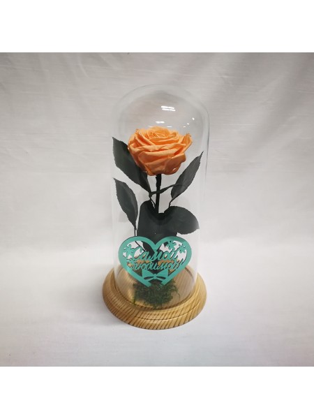 Композиционная персиковая роза премиум в колбе 32 с декором мох и надписью